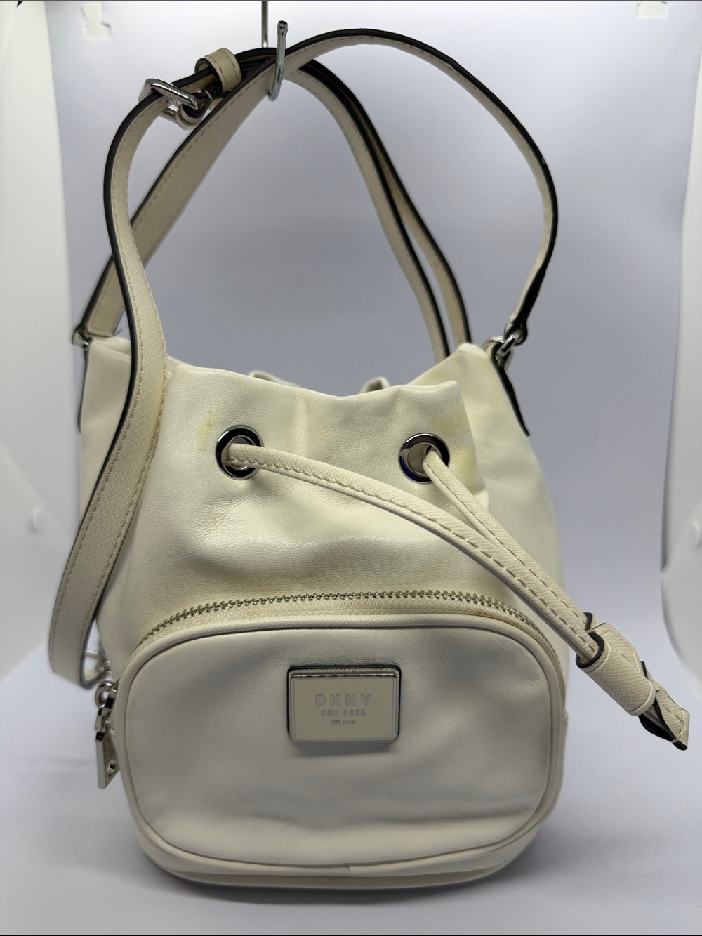 DKNY Cream Drawstring Crossbody Bucket Bag